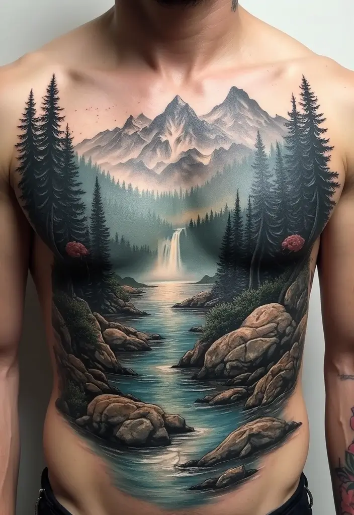 30 Full Chest Tattoos for Men with Powerful Visual Impact - 13. Landscape Tattoos