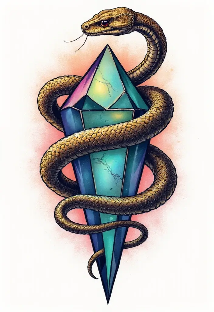 30 Geometric Snake Tattoo Ideas with Unique Patterns - 13. Snake Wrapped Around a Geometric Crystal