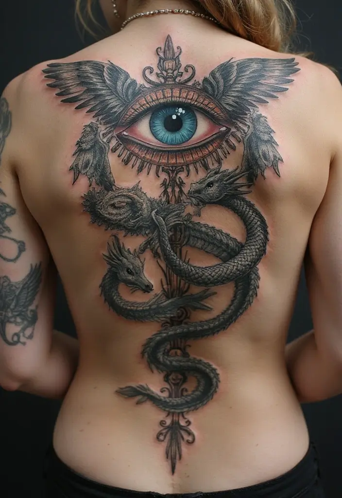 30 Greek Eye Tattoo Meaning and Stunning Design Ideas - 13. Mythical Creatures and Greek Eye Tattoos
