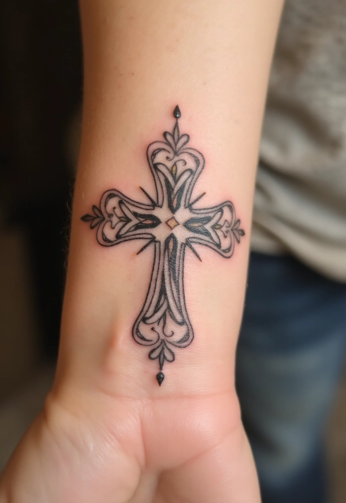 30 Hand Cross Tattoos That Blend Faith and Style - 13. Decorative Script Cross