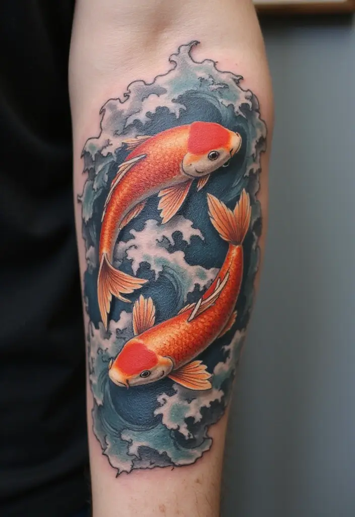 30 Irezumi Tattoo Designs Showcasing Traditional Japanese Art - 13. Waves and Koi: Harmony of Strength and Serenity