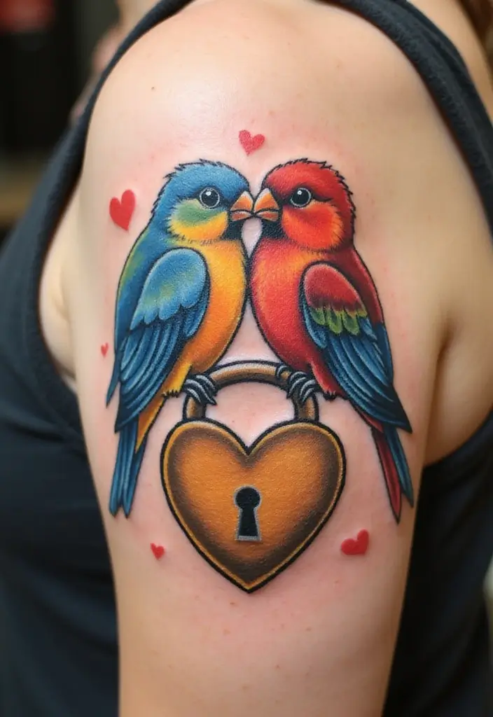 30 Key Lock Tattoo Ideas Symbolizing Love and Mystery - 13. Love Birds with Key Lock