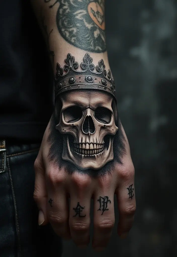 30 King and Queen Tattoos Finger Designs for Couples - 13. Crowned Skull Tattoo