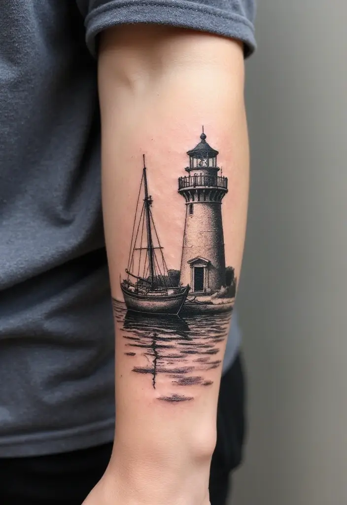 30 Lighthouse Forearm Tattoo Ideas That Guide the Way - 13. Lighthouse with a Boat