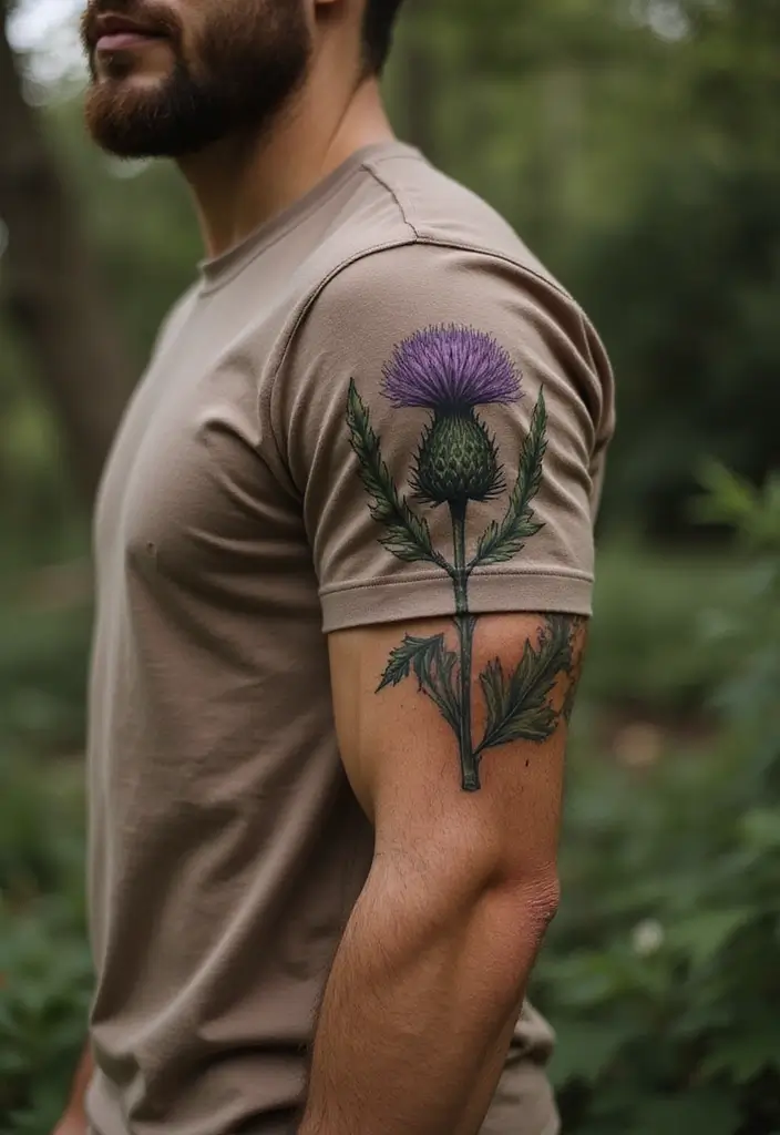 30 Men’s Floral Tattoo Half Sleeve Inspirations - 13. Rustic Thistle Design