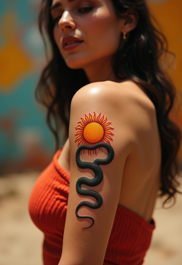 30 Minimalist Small Snake Tattoo Inspirations for Nature Lovers - 13. The Snake and Sun