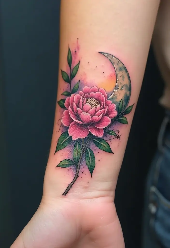 30 Peony Tattoo Ideas with Meaning and Elegance - 13. Peony and Crescent Moon