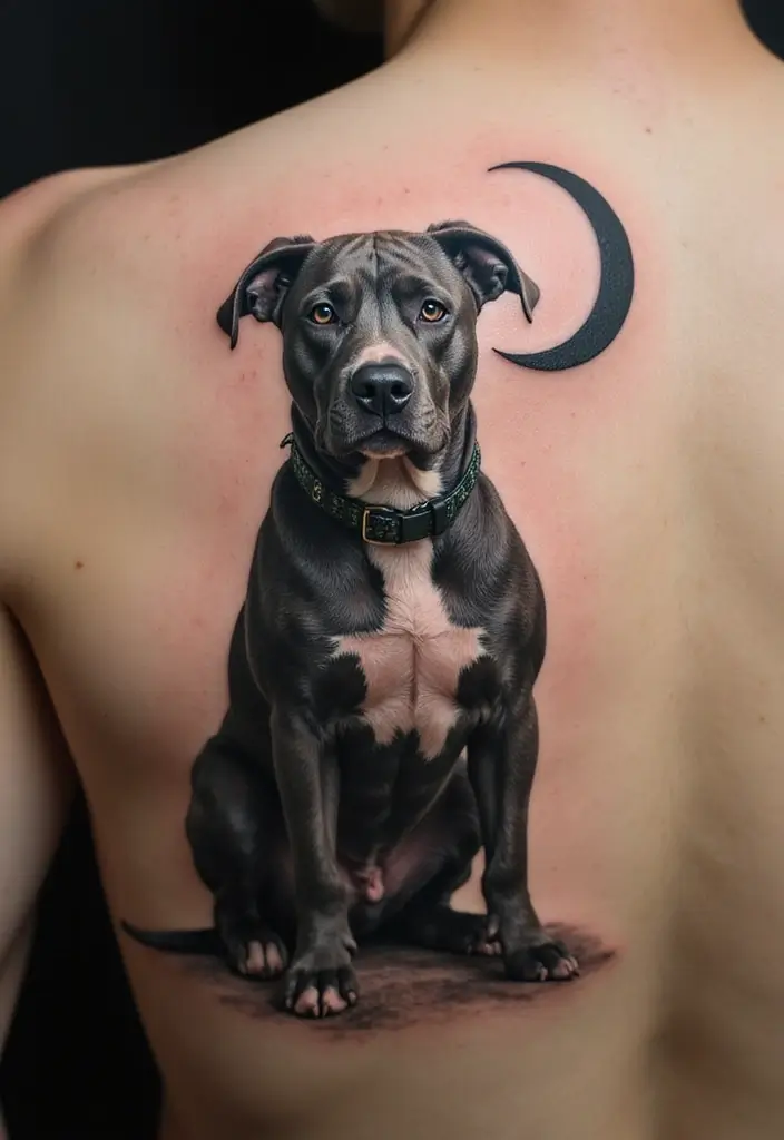 30 Pitbull Tattoo Designs Celebrating Strength and Loyalty - 13. Pitbull and Moon