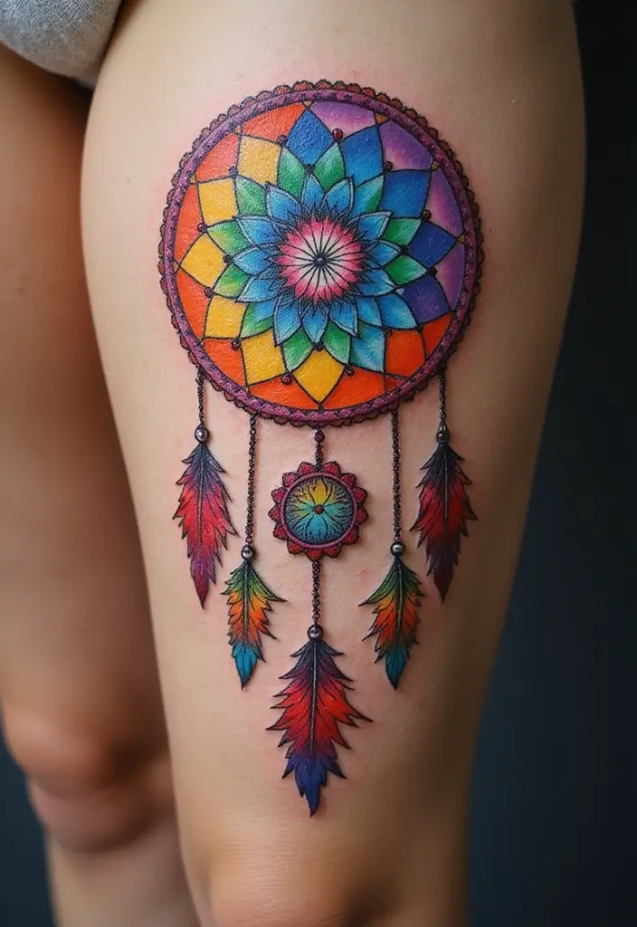 30 Rainbow Tattoo Ideas Full of Color and Meaning - 13. Rainbow Dreamcatcher Tattoo