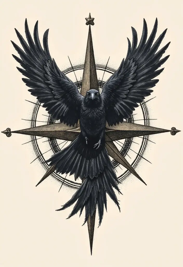 30 Raven Tattoo Shoulder Designs That Look Powerful - 13. Raven and Compass