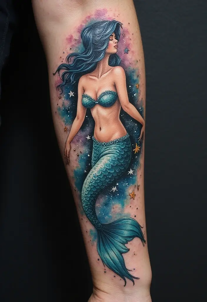 30 Realism Mermaid Tattoo Inspirations That Look Breathtaking - 13. Celestial Mermaid