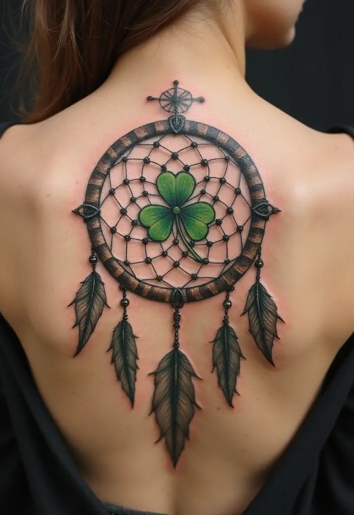 30 Realistic Four Leaf Clover Tattoo Inspirations for Luck - 13. Dreamcatcher Integration
