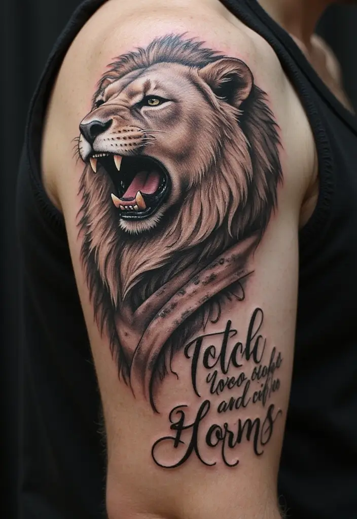 30 Roar Lion Tattoo Inspirations That Show Strength - 13. Roaring Lion with Quote: Words of Power