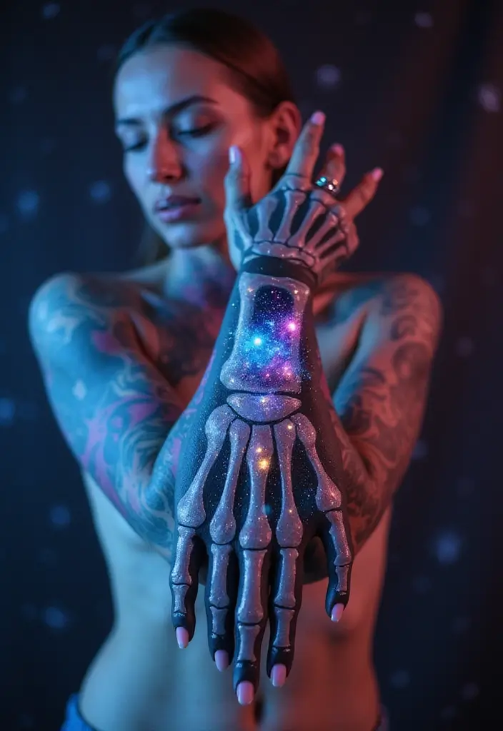 30 Skeleton Hand Tattoos with Edgy and Dark Styles - 13. Cosmic Elements