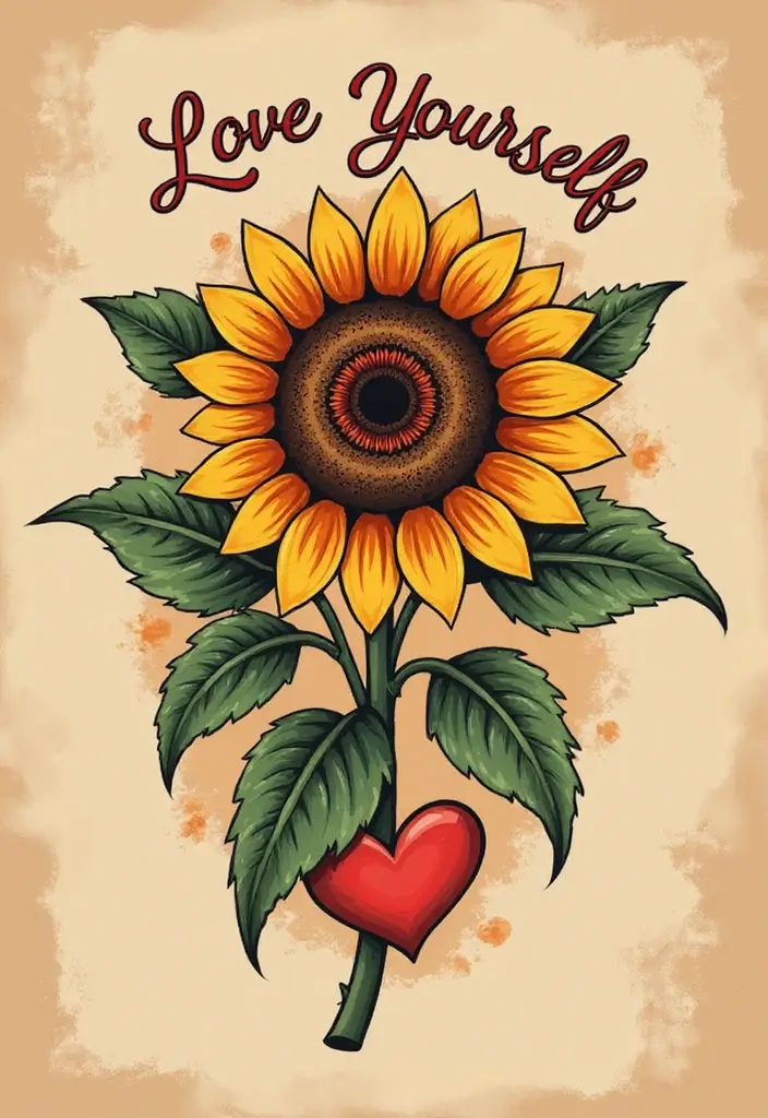 30 Sunflower and Quote Tattoo Ideas Full of Positivity - 13. Sunflower and Heart with 'Love Yourself'