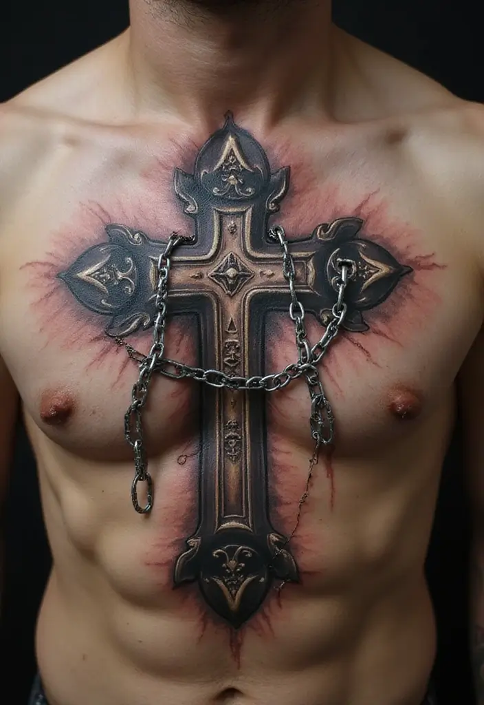 30 Tattoo Cross 3D Designs That Look Realistic - 13. Cross with Chains