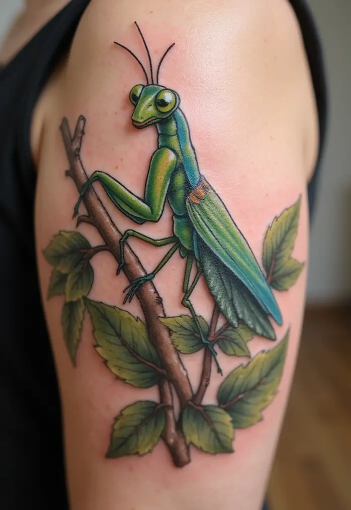 30 Traditional Praying Mantis Tattoo Ideas You’ll Love - 13. Mantis on Branch