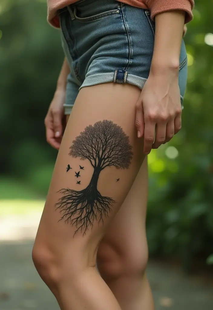30 Tree Leg Tattoo Designs for Nature-Inspired Ink - 13. Tree with Birds