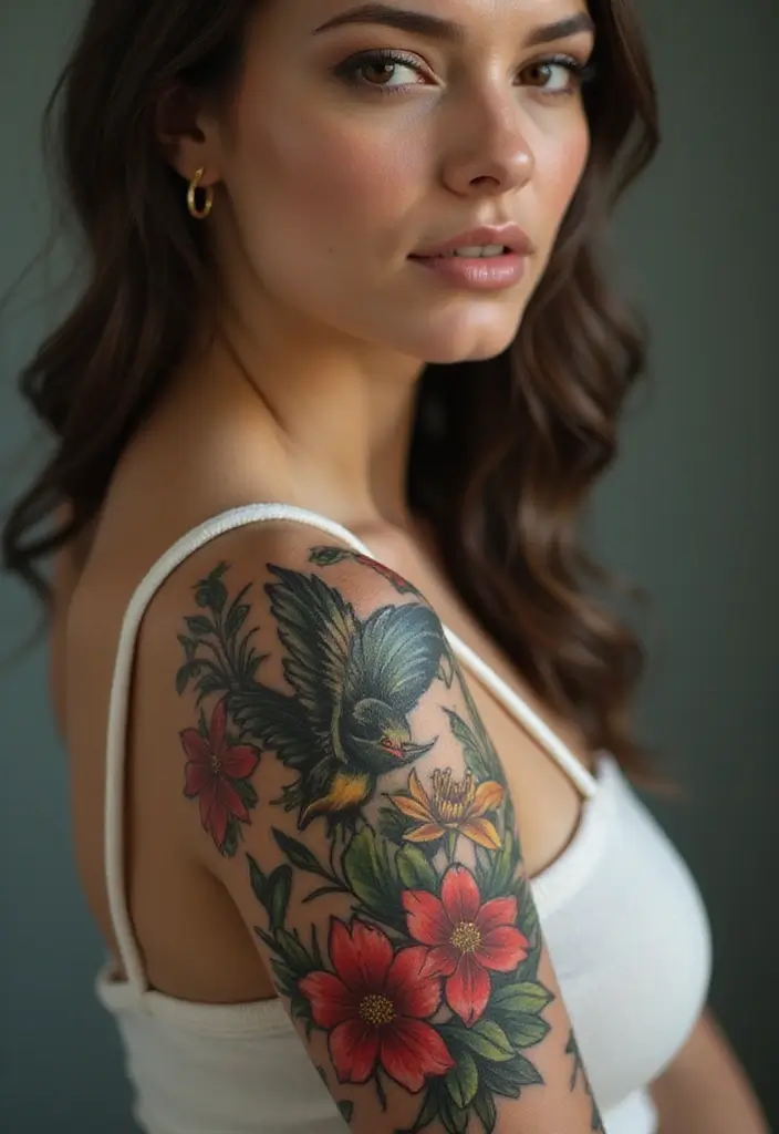30 Women’s Feminine Arm Tattoos That Look Stylish - 13. Floral and Animal Combinations