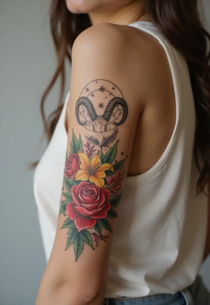 30 Zodiac Aries Tattoo Ideas Full of Fire and Energy - 13. Aries Floral Integration