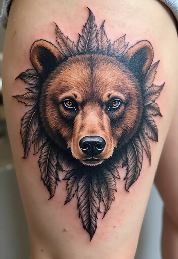 30 Bear Shoulder Tattoo Inspirations with Power and Strength - 14. Bear with Feather Accents