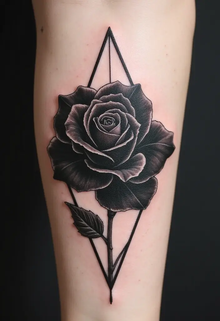 30 Black Rose Tattoo Meaning and Design Inspirations - 14. Black Rose with Geometric Shapes