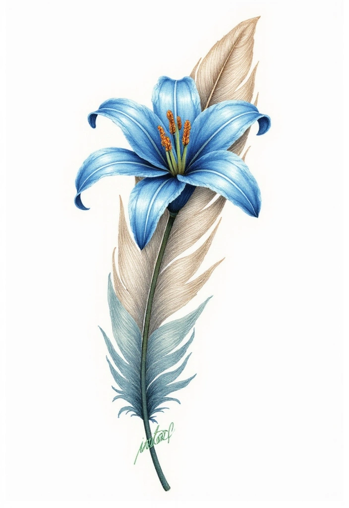30 Blue Lily Tattoo Designs That Look Elegant - 14. Blue Lily and Feather Combo