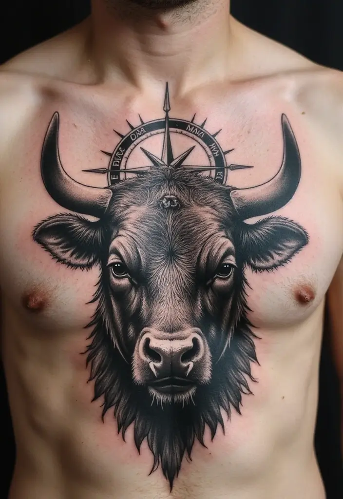 30 Bull Tattoo Chest Ideas Full of Strength - 14. Bull with Compass Design