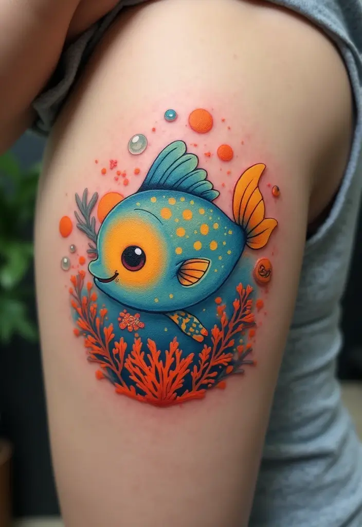 30 Cartoon Tattoo Ideas That Are Fun and Creative - 14. Colorful Fish Tattoos