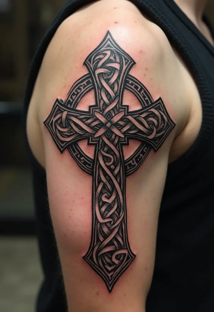 30 Celtic Cross Tattoos with Deep Spiritual Significance - 14. Celtic Cross with Tribal Elements