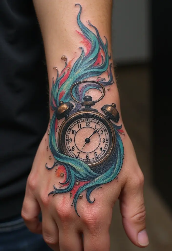30 Clock Tattoo on Hand Ideas That Stand the Test of Time - 14. Clocks in Motion