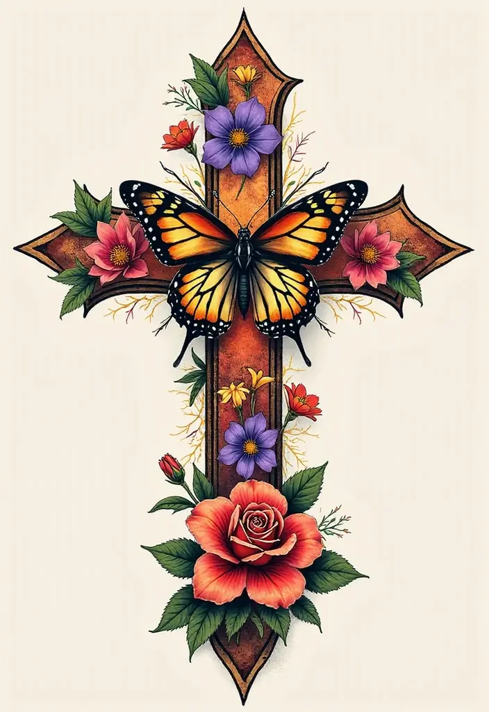 30 Cross with Flowers Tattoo Ideas That Blend Faith and Beauty - 14. Floral Cross with Butterfly