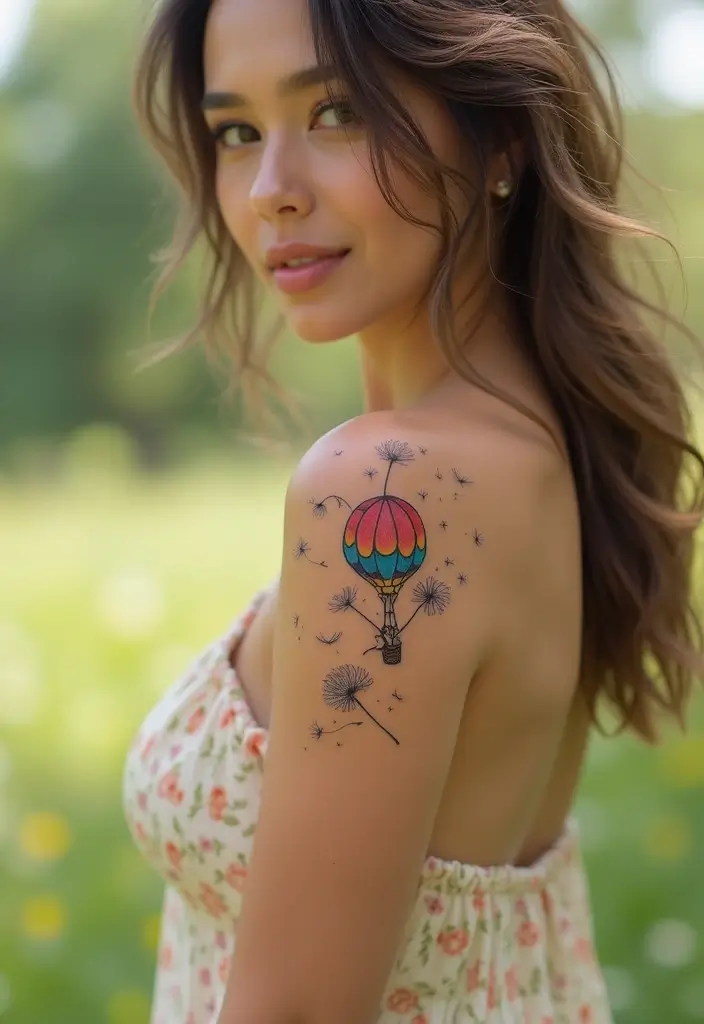 30 Dandelion Tattoo on Shoulder Ideas That Inspire Freedom - 14. Dandelion with a Hot Air Balloon
