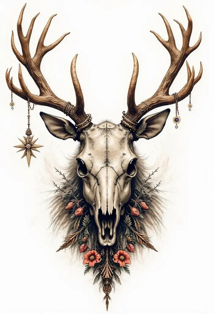 30 Deer Skull Tattoos That Capture Rustic Strength - 14. Animal Spirit Blend