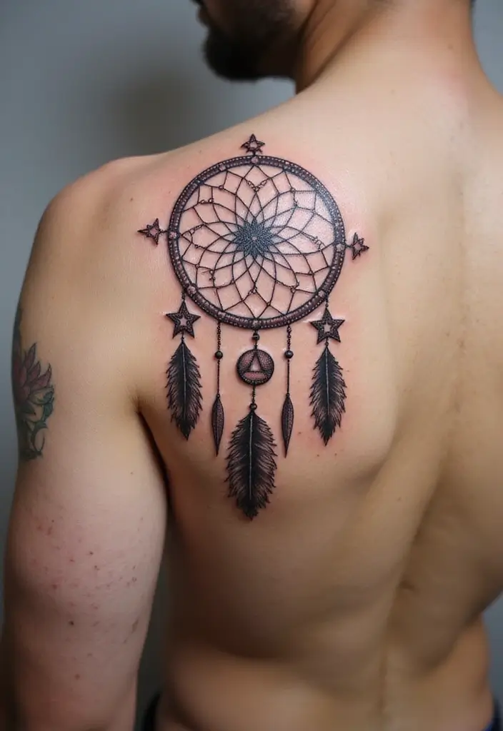 30 Dream Catcher Tattoo Ideas for Men with Protective Energy - 14. Dream Catcher with Stars