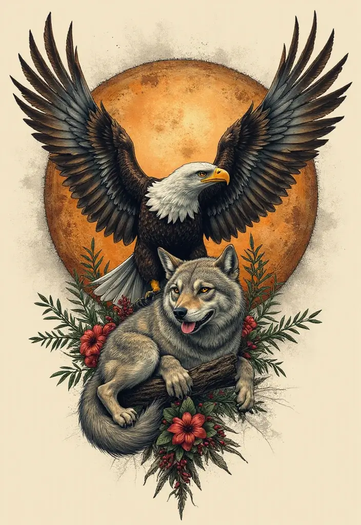 30 Eagle Tattoo Ideas That Represent Power and Courage - 14. Combined Eagle and Wolf