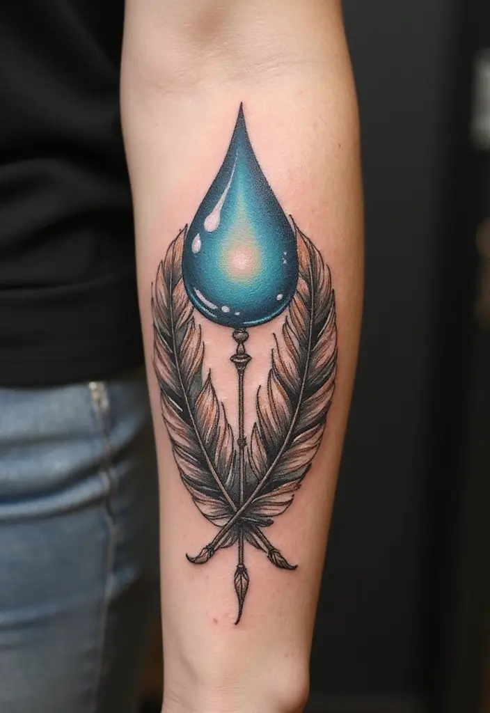 30 Empty Teardrop Tattoo Meaning and Design Ideas - 14. Teardrop with Feathers