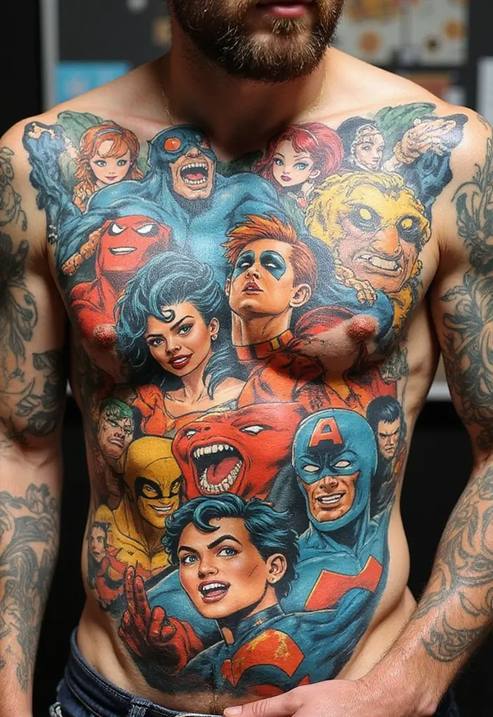 30 Full Chest Tattoos for Men with Powerful Visual Impact - 14. Comic Book Characters