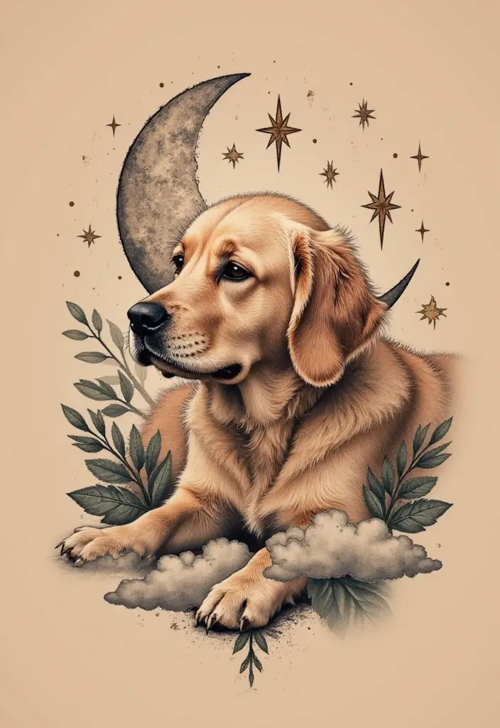 30 Golden Retriever Memorial Tattoos Honoring Beloved Pets - 14. Golden Retriever and the Moon