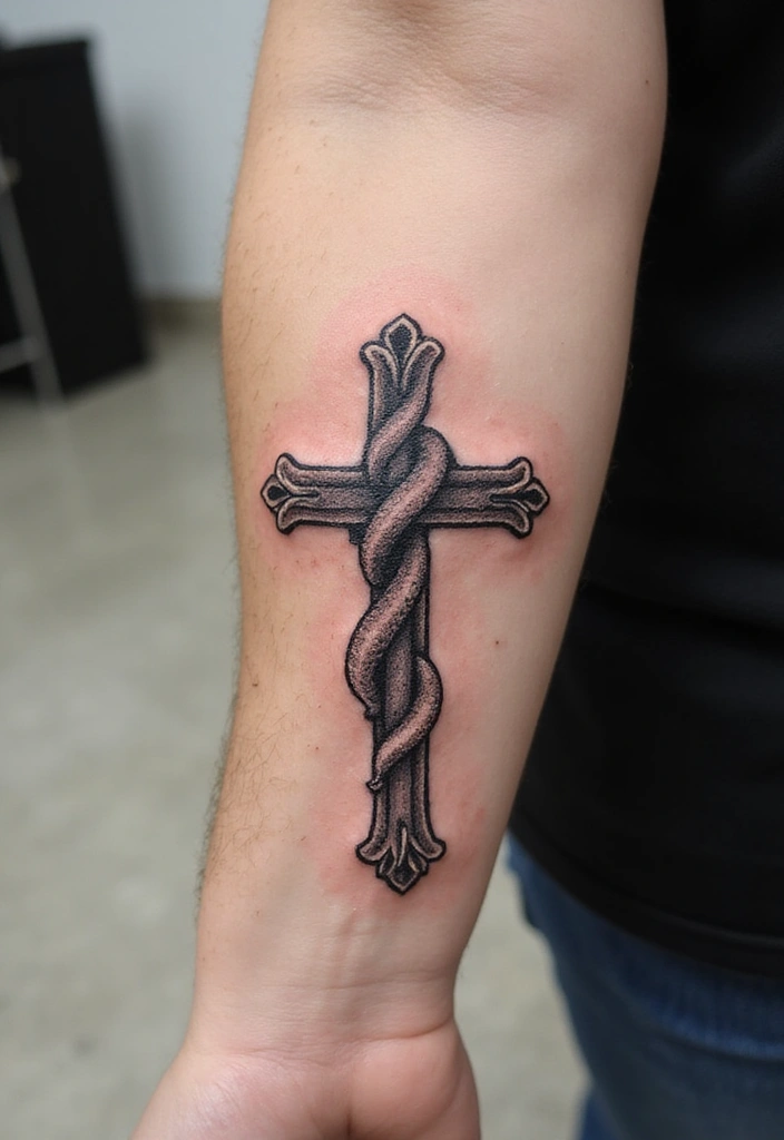 30 Hand Cross Tattoos That Blend Faith and Style - 14. Cross with a Braided Rope