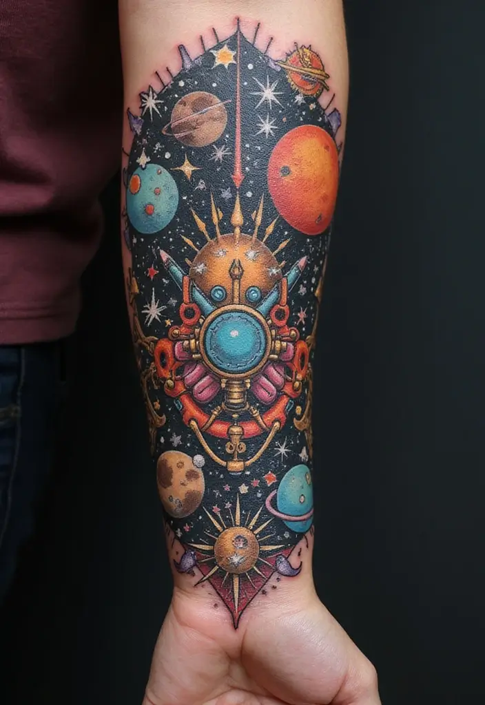 30 Futuristic Mech Tattoo Inspirations for Sci-Fi Fans - 14. Space Mech Tattoo