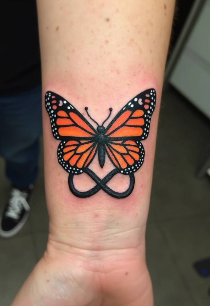 30 Monarch Butterfly Tattoo Designs with Deep Symbolism - 14. Monarch Butterfly and Infinity Symbol