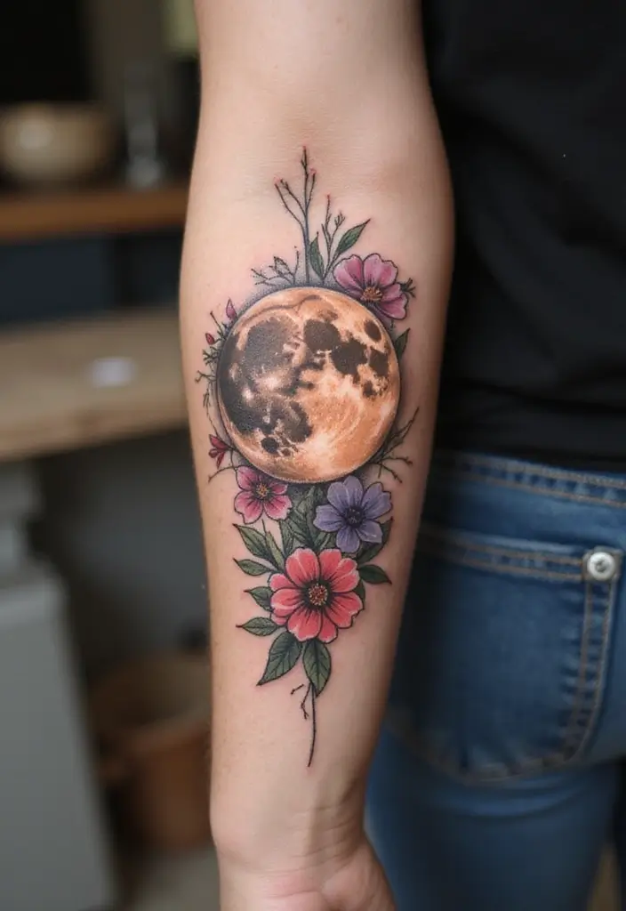 30 Moon Tattoos for Men That Radiate Power and Mystery - 14. Moon with Floral Elements
