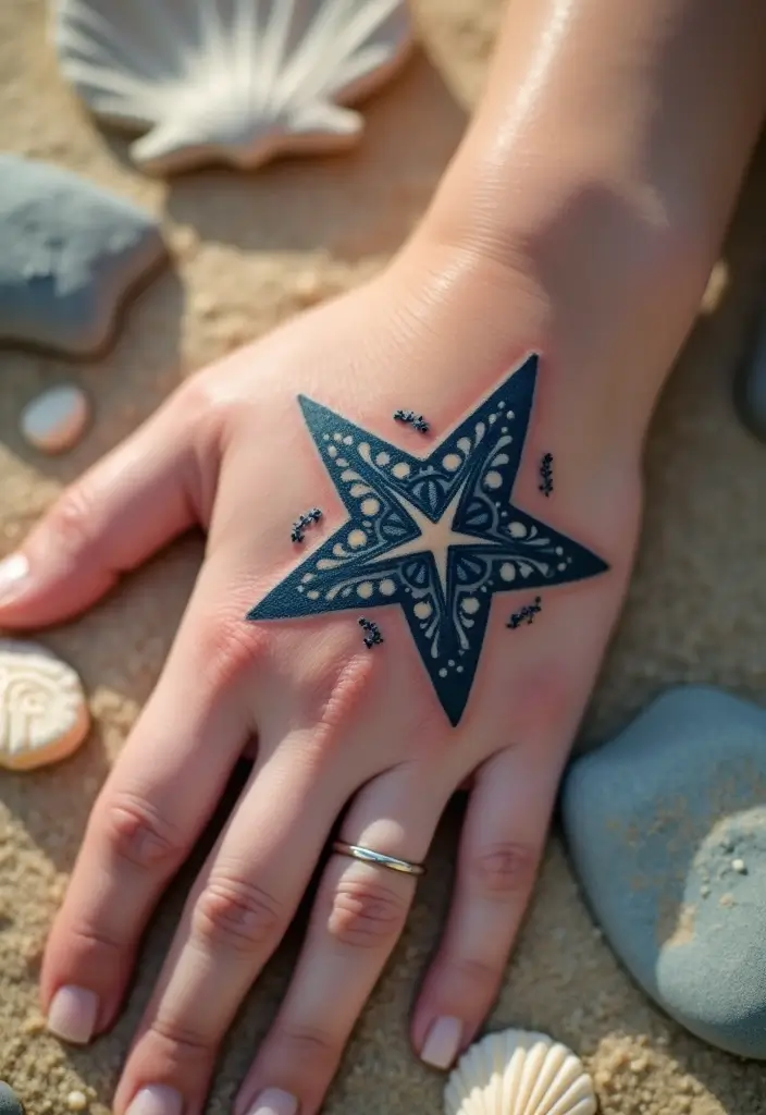 30 Nautical Star Tattoos for Classic Sailor Style - 14. Nautical Star with Shells