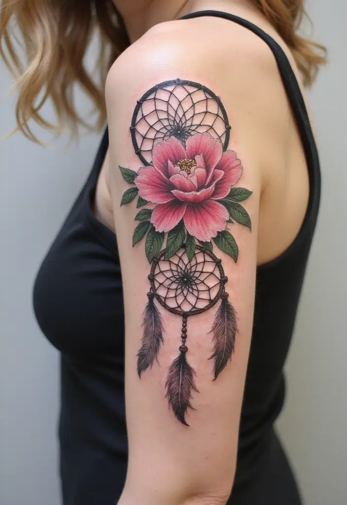 30 Peony Tattoo Ideas with Meaning and Elegance - 14. Peony with a Dreamcatcher