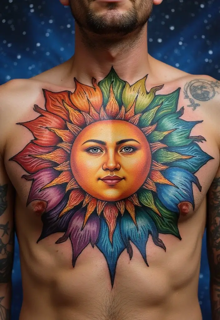 30 Rainbow Tattoo Ideas Full of Color and Meaning - 14. Rainbow Sun and Moon Tattoo