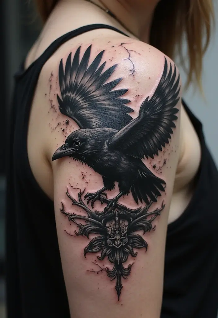 30 Raven Tattoo Shoulder Designs That Look Powerful - 14. Gothic Raven