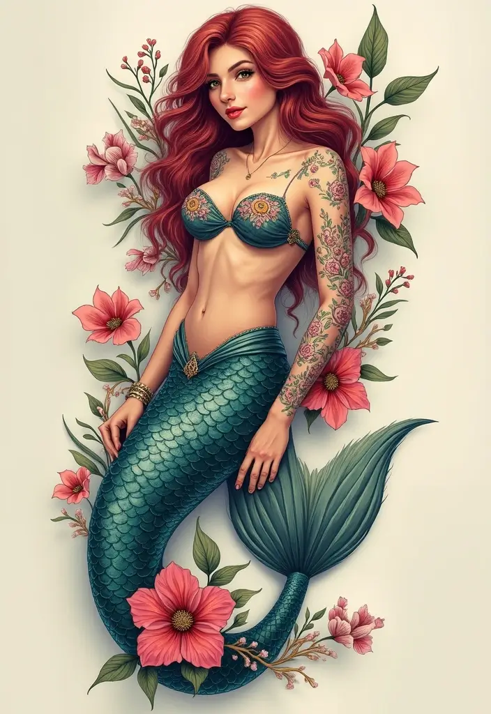 30 Realism Mermaid Tattoo Inspirations That Look Breathtaking - 14. Floral Mermaid Fusion
