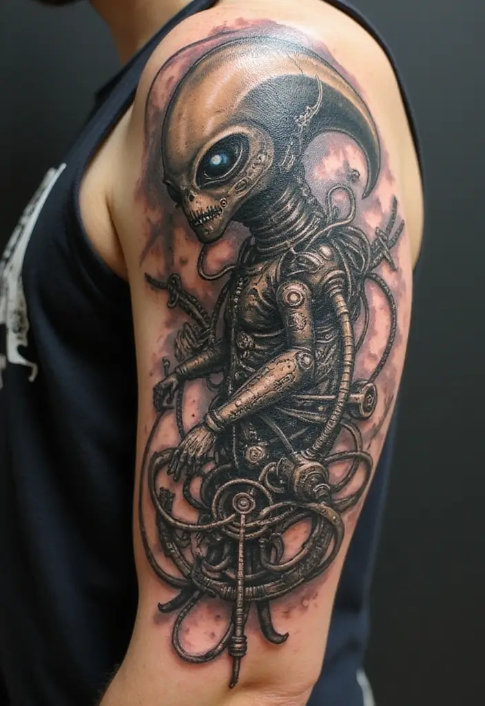 30 Realistic Alien Tattoo Inspirations That Look Out of This World - 14. Alien Technology