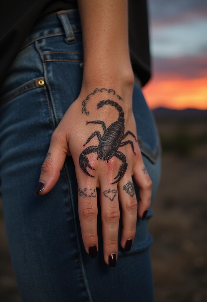 30 Scorpion Tattoo on Hand Meaning and Bold Designs - 14. Scorpion Tattoos with Horizon Scenes: A Story in Ink